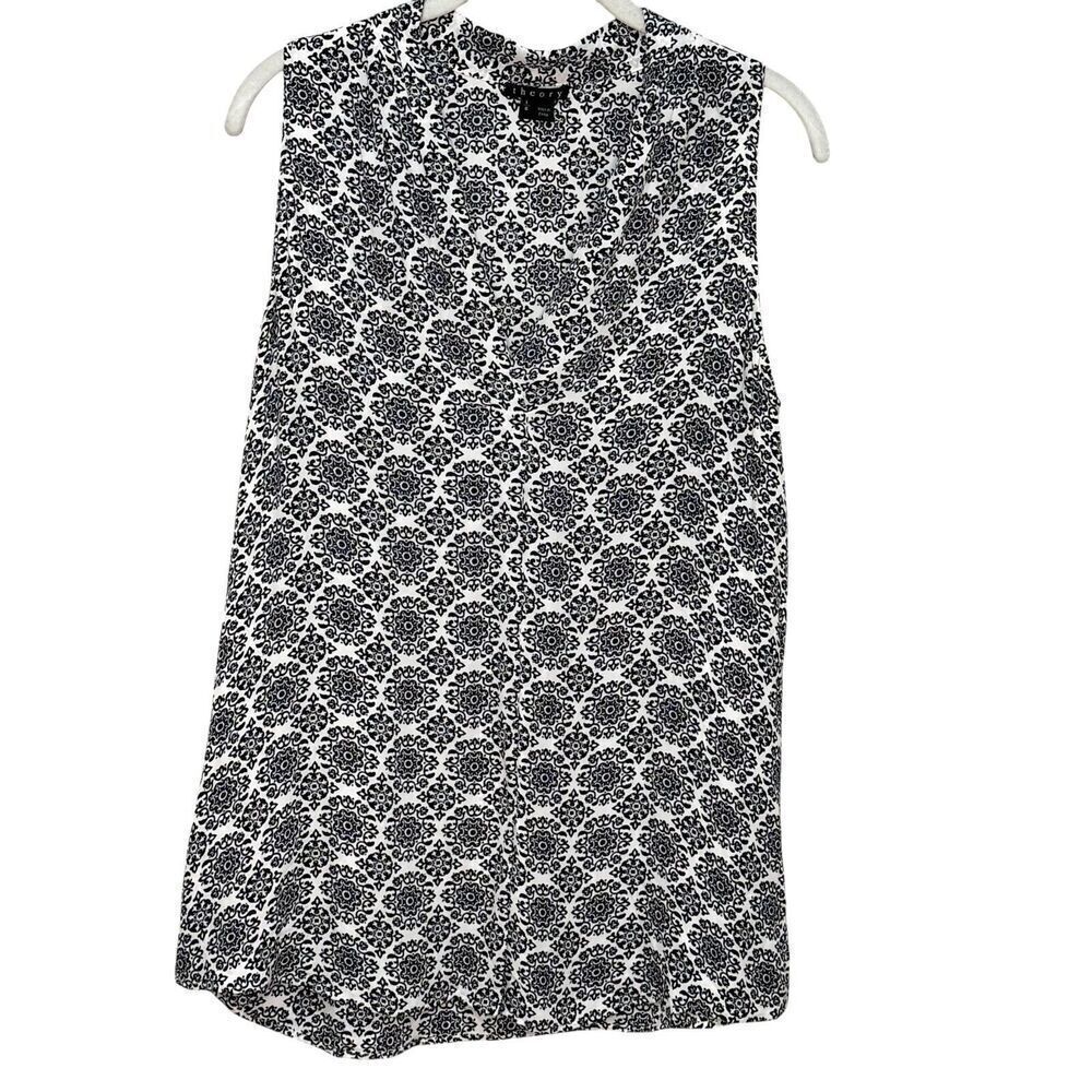 Theory Black White Print Silk Hylin Tank Size Large V Neck Career Wear